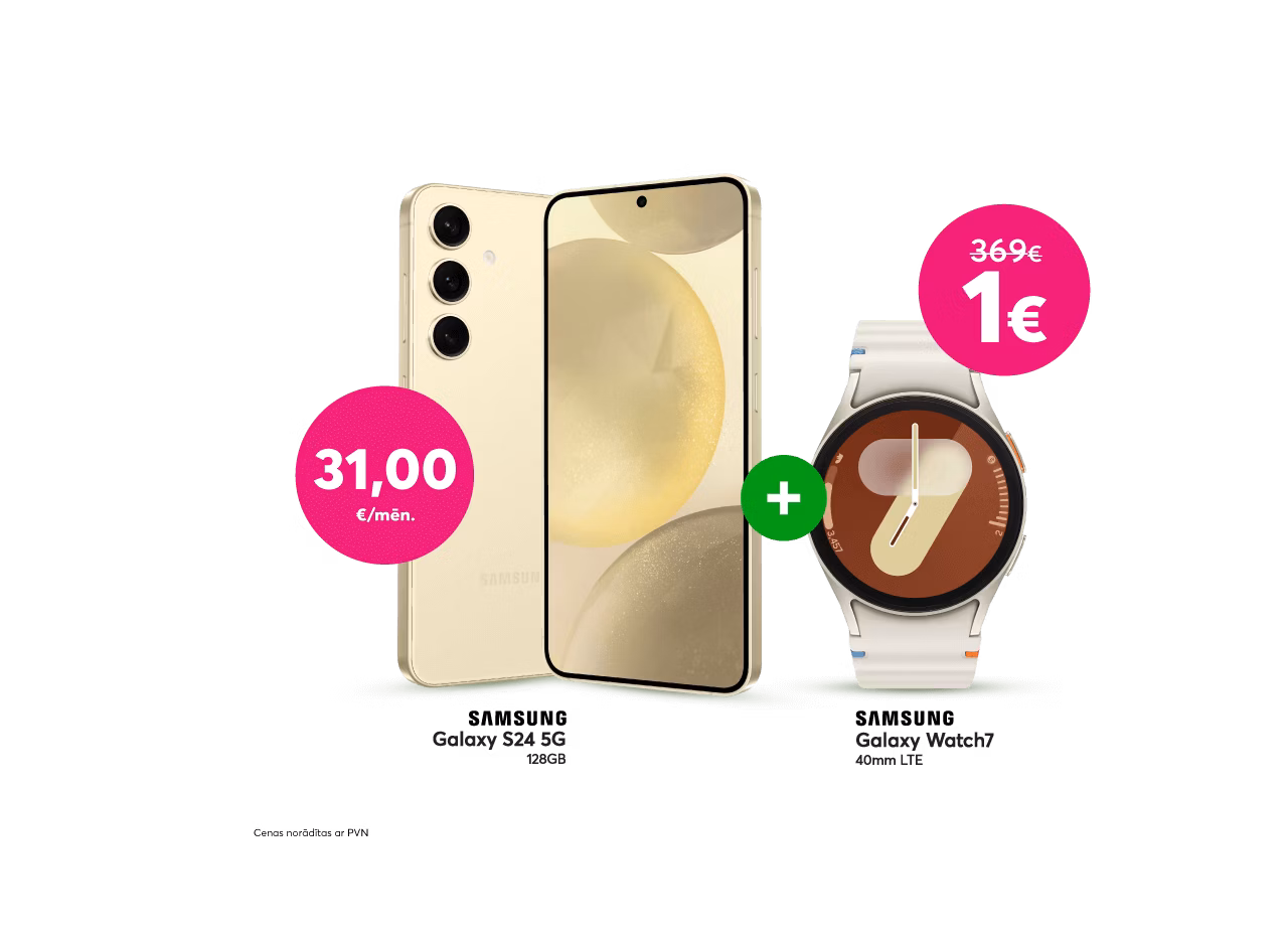 Pērc Samsung Galaxy S24 telefonu par 31 eiro mēnesī un saņem Samsung Galaxy Watch 7 par 1 eiro