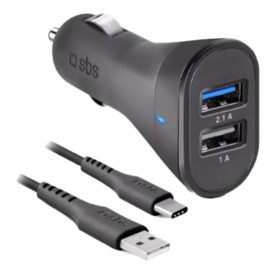 Car Charger 2100mAh 2xUSB+Type-C Cable By SBS Black | Bite