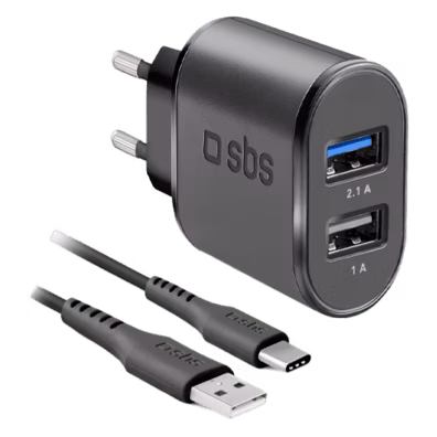 Travel Charger 2xUSB 2.1A Type-C Cable By SBS Black | Bite