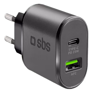Travel Charger USB Type-C PD 25W + USB AFC By SBS Black | Bite